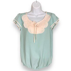 Bib Neckline Blouse Teal Size US XS Short Sleeve‎ Twee Bow Layered Detail Women